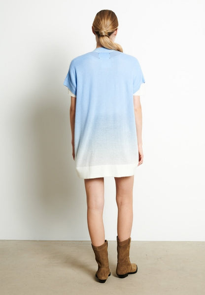 Gilet à manches courtes femme en cachemire déjaugé tye & dye blanc écru & bleu ciel - AVA 11A